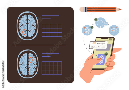 MRI brain scans with highlighted areas beside a hand scanning a smartphone for secure access. Ideal for neuroscience, technology, medical research, security, cognitive science, education