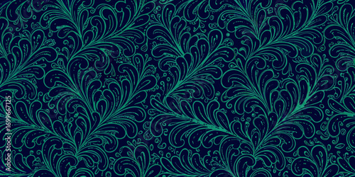 Elegant teal and navy blue floral swirl pattern seamless background