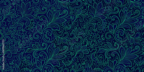 Elegant dark blue background with intricate green floral vine patterns and swirling flourishes