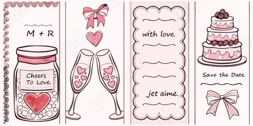 Romantic wedding invitation suite featuring a jar of hearts toasting champagne glasses and a tiered cake