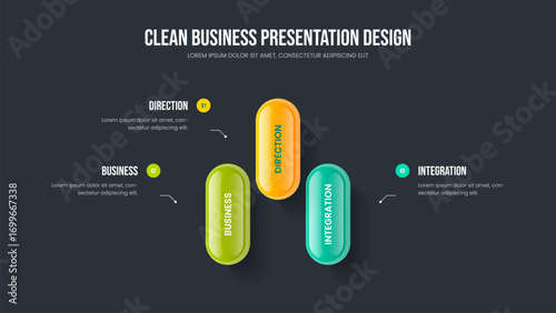 Business Profile Frame Design Vector Illustration. Investor Proposal Three Step Diagram Presentation Layout. Digital Review 3 Element Infographic Slide Template.