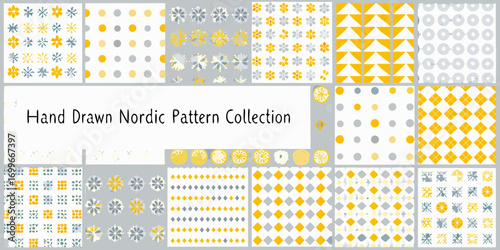 Collection of hand drawn seamless patterns inspired by nordic design in yellow grey and white