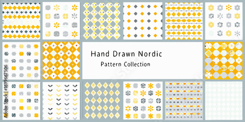 Collection of hand drawn nordic style geometric and floral seamless patterns in yellow grey and white