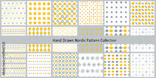 Collection of hand drawn nordic style seamless patterns in yellow gray and white