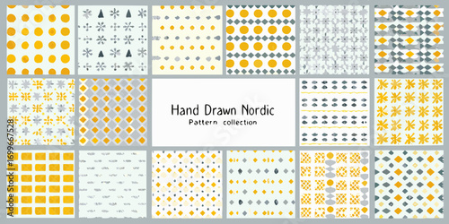Collection of hand drawn nordic style seamless patterns with geometric shapes and abstract elements