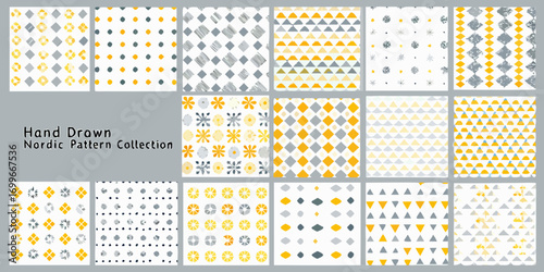 Collection of hand drawn nordic style geometric and floral patterns in yellow gray and white