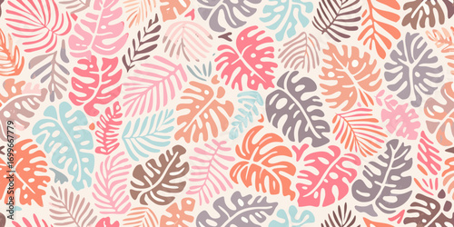 Tropical monstera and fern leaf pattern in pastel colors