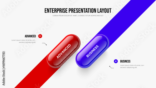 Project Visualization 2 Element Diagram Presentation Layout. Company Showcase Frame Design Vector Illustration. Enterprise Strategy Two Step Infographic Slide Template.