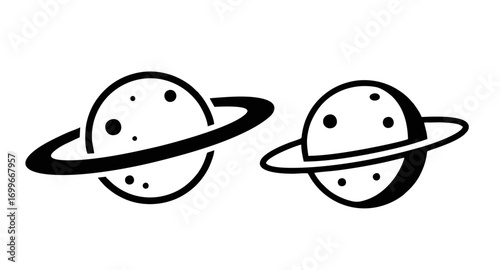 Stylized Celestial Planet Icons with Orbital Rings Representing Space, Astronomy, and Cosmic Exploration Designs
