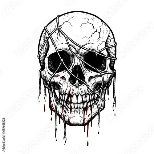 Disturbing cracked skull with dripping details and webbing vector