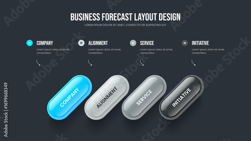 Financial Innovation Four Element Infographic Presentation Template. Product Portfolio Slide Design Vector Illustration. Modern Development 4 Step Diagram Slideshow Layout.