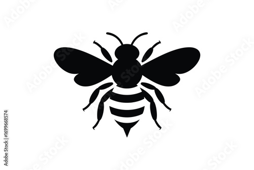 Black silhouette of a bee with striped abdomen and wings