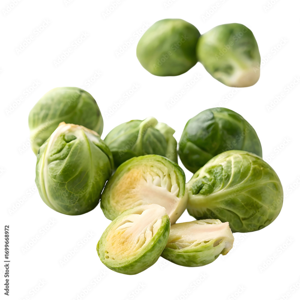 Fototapeta premium Fresh Brussels Sprouts Pile with Halved Vegetable isolated on a transparent background