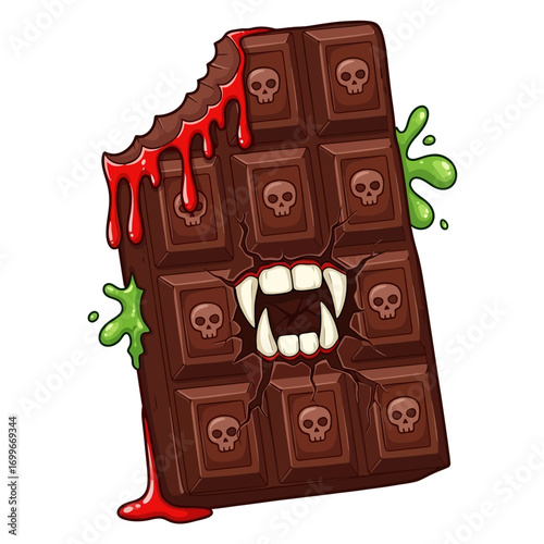 Frightening chocolate bar with skull molds dripping blood and fangs vector