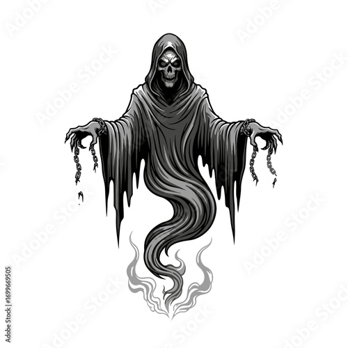 Grim reaper ghostly figure with flowing robes and skeletal hands spreading fear vector
