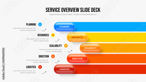 Project Proposal Five Element Infographic Slideshow Design. Creative Briefing 5 Step Diagram Slide Layout. Market Growth Presentation Template Vector Illustration.