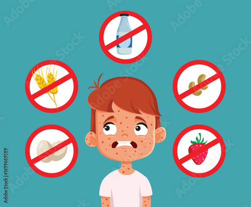Child Having an Allergic Reaction to Food Vector Cartoon Illustration. unhappy kid suffering from many food allergies wondering about the triggers 
