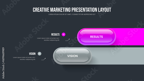Professional Briefing Two Option Diagram Slideshow Template. Consulting Forecast Slide Design Vector Illustration. Product Innovation 2 Element Infographic Presentation Layout.