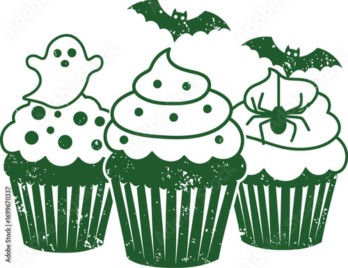spooky cupcakes with ghosts bats and spiders on transparent background