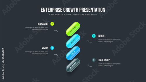 Professional Insight 4 Option Infographic Slideshow Design. Product Growth Four Element Diagram Slide Template. Market Visualization Presentation Layout Vector Illustration.
