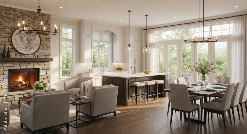 Fototapeta premium Elegant open concept living and dining room with fireplace and kitchen island
