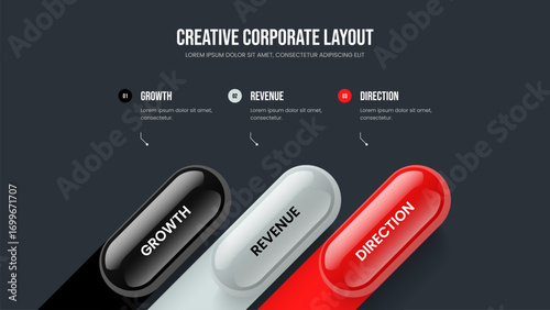 Project Development Frame Design Vector Illustration. Sales Briefing Three Step Infographic Slideshow Layout. Professional Insight 3 Element Diagram Presentation Template.