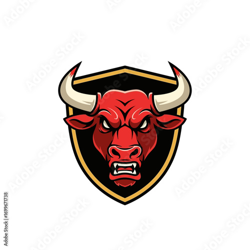 Furious red bull head mascot emblem on a shield, vector illustration