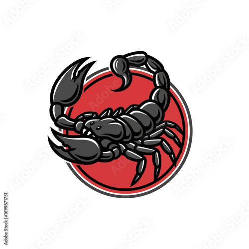 Stylized Black Scorpion Vector Logo Illustration on Red Circle Background