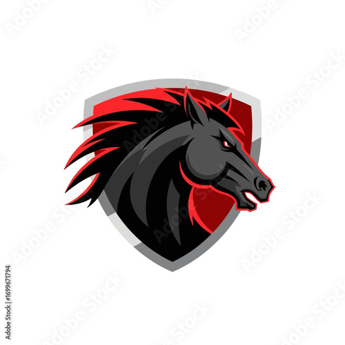 Furious black stallion head mascot within a red and silver shield crest