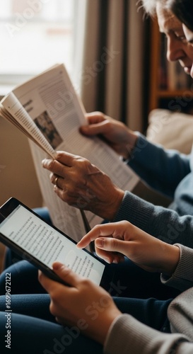 Two people reading a newspaper and a digital tablet, representing universal access to information in both traditional and modern forms