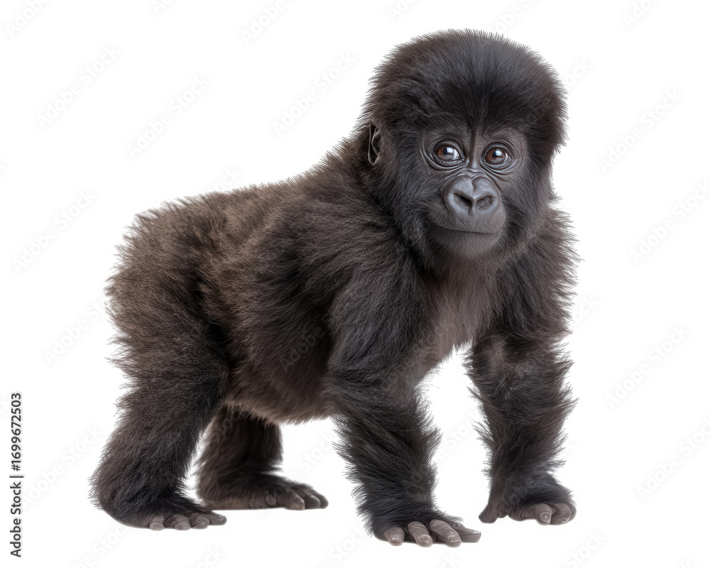 Fototapeta premium Baby gorilla standing on all fours, isolated on transparency background, with soft fur and expressive eyes, conveying gentle and curious emotion