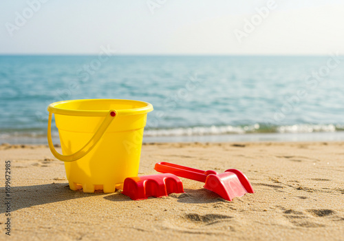 Kids' beach toys waiting for fun on sunny day by the sea with soft sand and blue water