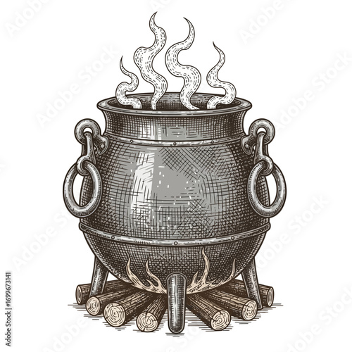 Mysterious steaming cauldron with glowing embers and fiery wood fuels a magical potion vector