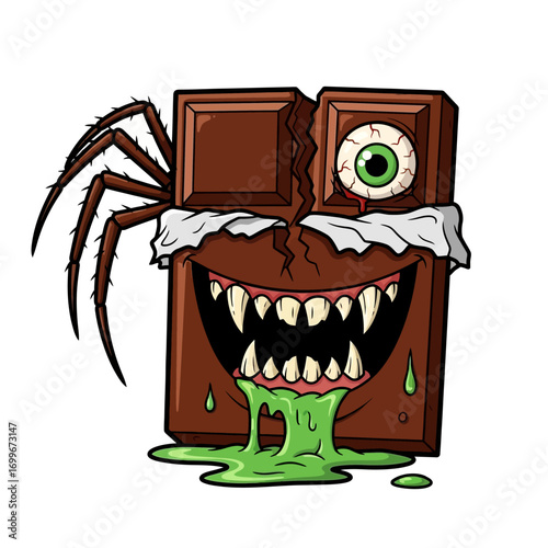 Scary chocolate bar monster with spider legs and one eye dripping green goo vector