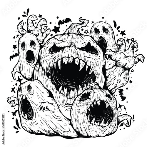 Halloween pumpkin monster with little ghost, spooky hand drawn vector illustration, perfect for t-shirt, mug, poster, and Halloween decoration.	

