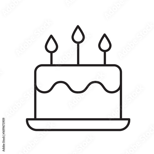 A vector icon of a birthday cake with candles, representing celebration or party, created in line style with editable stroke