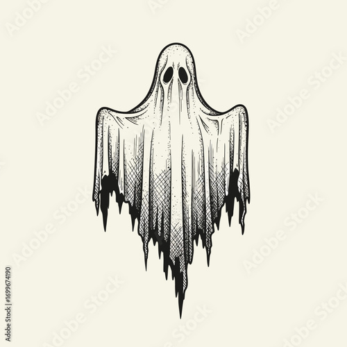 Spooky ghostly figure appears ethereal haunting spirit with flowing fabric and scary eyes vector