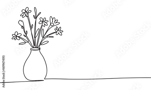 Line art of a floral arrangement in a vase