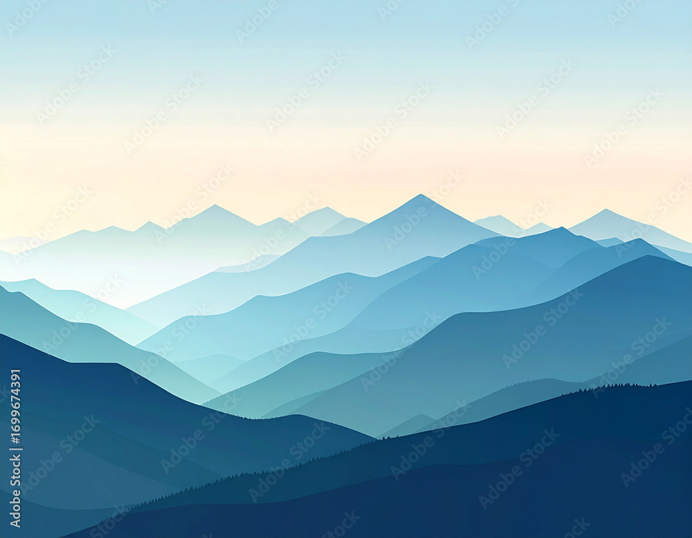 Fototapeta premium Minimalist Landscape of Blue Mountain Ranges in Soft Gradient Layers
