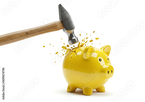 Smashing a yellow piggy bank with a hammer to access savings representing financial crisis and debt