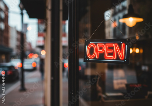 Bright neon open sign inviting customers to enter vibrant local business during daytime hours