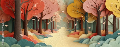 Sunset forest paper landscape – Illustrated Autumn Forest Path with Colorful Falling Leaves in detailed paper cut style, colorful layers, artistic composition, for children books, posters and nature t