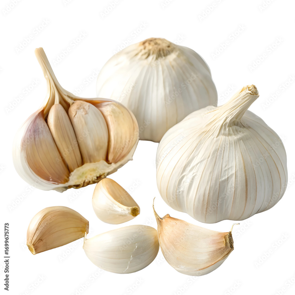 Obraz premium Whole Garlic Bulbs and Cloves isolated on a transparent background food ingredient