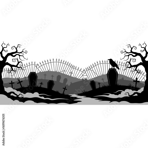 Spooky halloween cemetery silhouette with graveyard bats and haunted tree scene vector