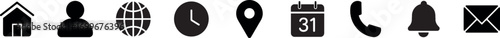 A row of clear black icons representing essential functions like home, user, time, location, calendar, phone, bell, and email, perfect for web design and app interfaces.