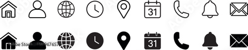  Outline and solid flat styles Icons represent essential digital functions like home user globe time location calendar communication notifications and mail