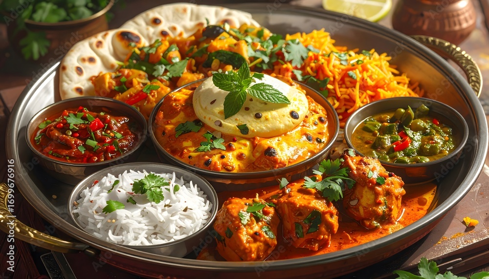 A Culinary Journey: Authentic Indian Thali with Rich Curries, Rice, and Naan A Culinary Journey: Authentic Indian Thali with Rich Curries, Rice, and Naan
