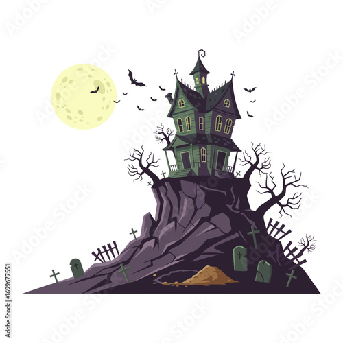 Spooky haunted mansion on hill with full moon and graveyard halloween scene vector