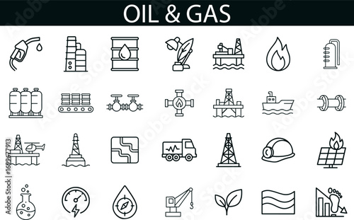 Oil & Gas Industry Icon Set – 30 Line Symbols for Energy Production, Fuel Logistics, and Sustainable Power Systems