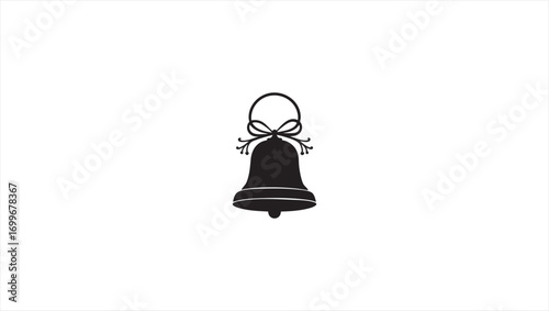 A simple black and white vector illustration of a festive holiday bell with a ribbon bow, isolated on a white background for design